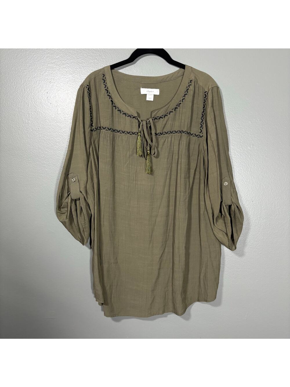 CJ Banks Gray Boho Embroidered Peasant Blouse - Size 1X - Women's Plus Size Top